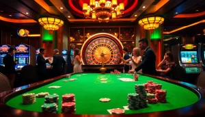 Nohu-themed casino table scene with poker chips, cards, and vibrant roulette wheel.