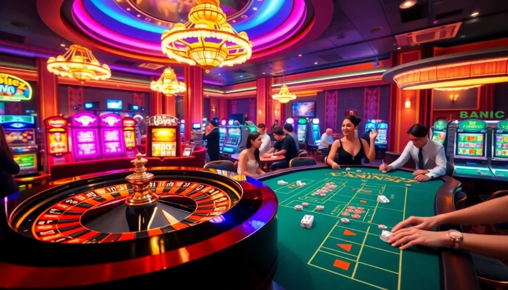 Players enjoy casino games at RR88, emphasizing excitement and glamour in a vibrant atmosphere.