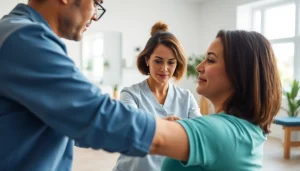 Physiotherapie-Behandlung mit einem Therapeuten, der einem Patienten hilft, sich zu rehabilitieren.