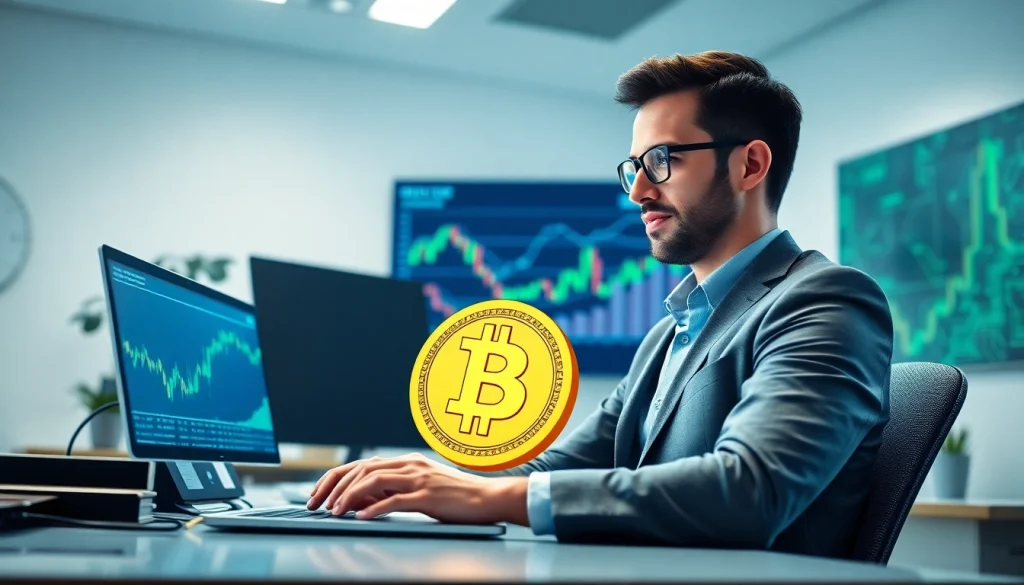 Acheter bitcoin en ligne sur un ordinateur portable avec des graphiques de marché en arrière-plan.