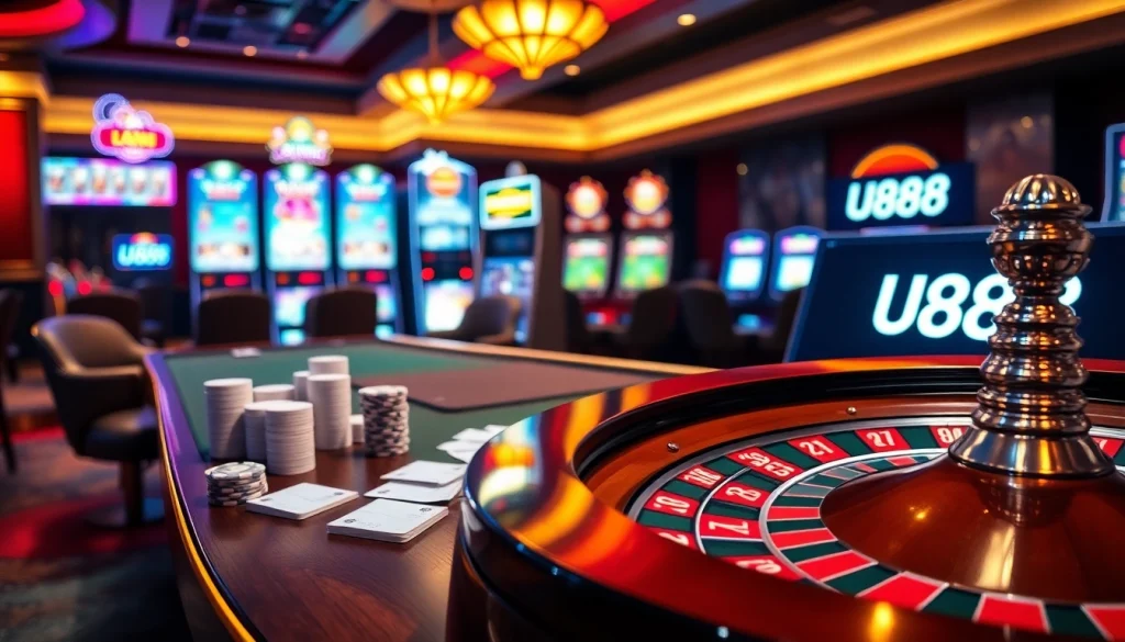 Intense gaming experience at U888's vibrant casino with poker tables and colorful slot machines.