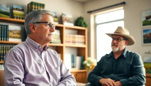 Attorney discussing agriculture law with a farmer in a professional setting.