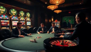 Players enjoying high-stakes poker and slots at a luxurious casino connected to the hidden wiki dark web.