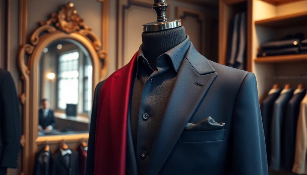 Showcasing designer menswear in an elegant boutique, highlighting luxurious fabrics and textures.