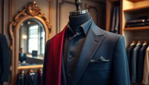 Showcasing designer menswear in an elegant boutique, highlighting luxurious fabrics and textures.