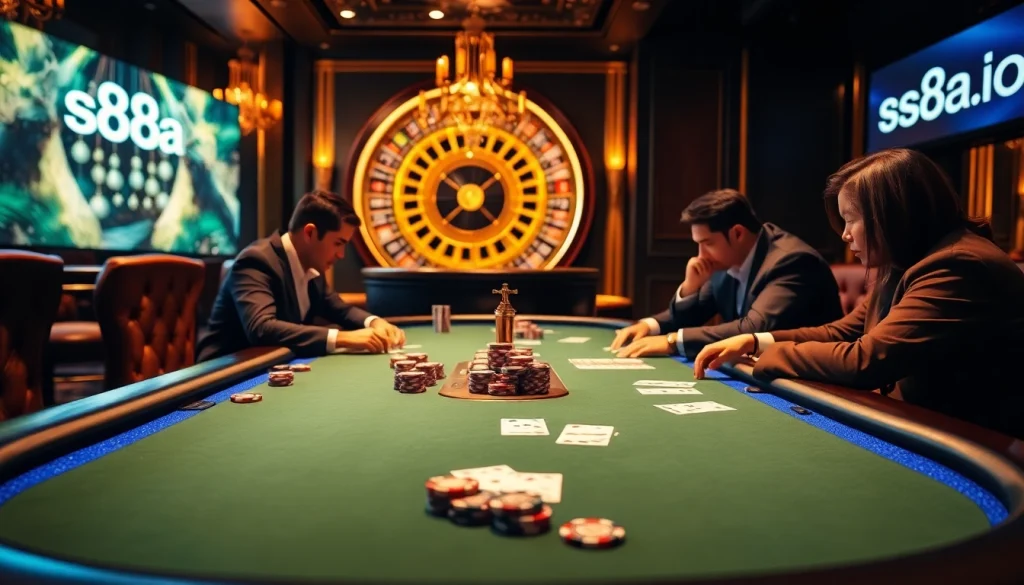 Engaging poker players at s88a.io with vibrant chips and cards in a luxurious casino setting.