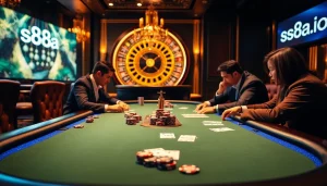 Engaging poker players at s88a.io with vibrant chips and cards in a luxurious casino setting.
