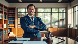 Eminent domain lawyer standing confidently in a bright law office with legal documents.