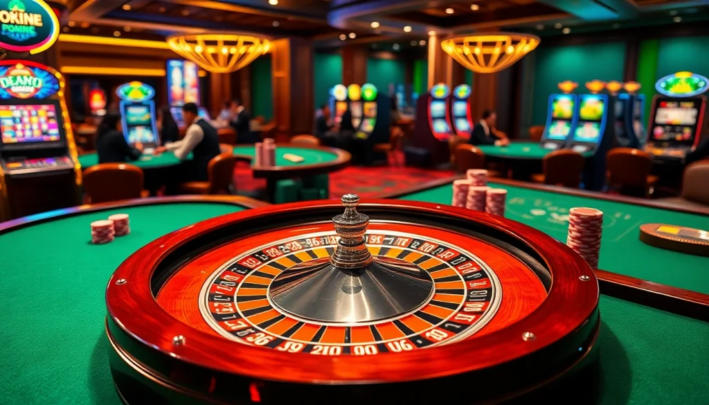 Players engaging in thrilling casino games featuring Nhà cái QQ88's vibrant roulette and poker tables.