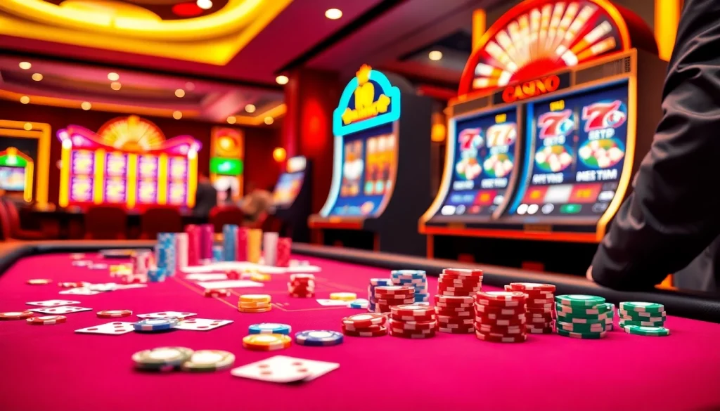 Experience thrilling gameplay at oxplay casino with vibrant poker chips and high-tech slot machines.