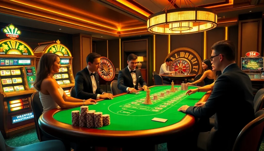 Players enjoying a thrilling game at the NK88 casino table, surrounded by elegant slot machines and vibrant atmosphere.