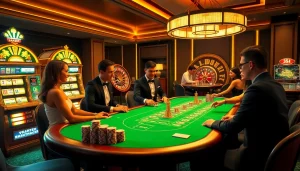 Players enjoying a thrilling game at the NK88 casino table, surrounded by elegant slot machines and vibrant atmosphere.