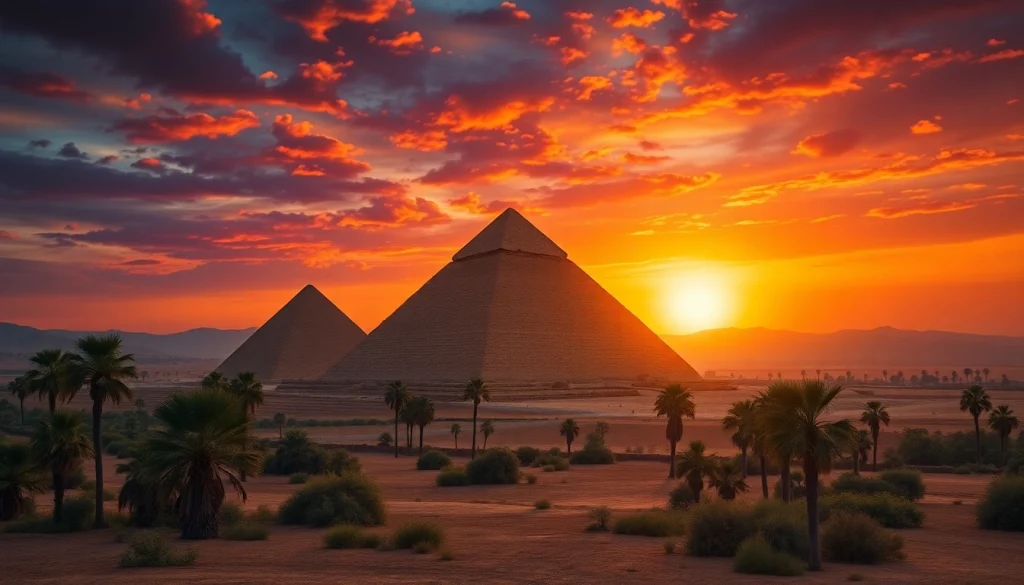 Photorealistic view of piraminds under a dramatic sunset, highlighting their grandeur and historical significance.