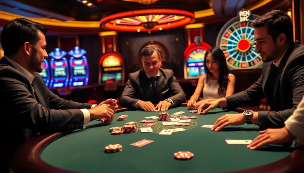 Players strategizing at a high-stakes poker table representing https://mm88.co.in/ with vibrant casino elements.
