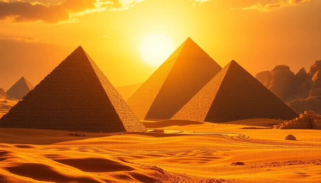 Explore the majestic structures of piraminds against a breathtaking sunset backdrop.