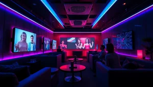 Futuristic lounge with adults interacting with NSFW AI chatbots in an intimate setting.