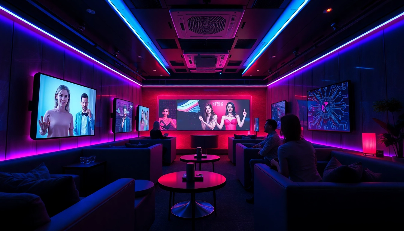 Futuristic lounge with adults interacting with NSFW AI chatbots in an intimate setting.