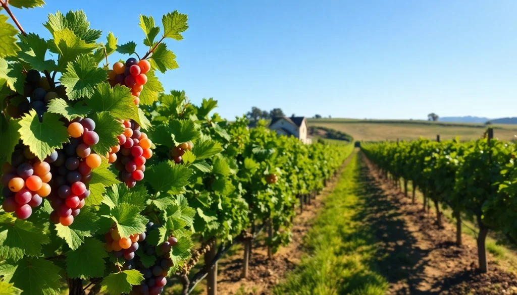 Capture the lush beauty of Carksburg CA vineyards, filled with ripe grapes under bright sunlight.