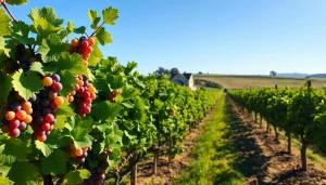 Capture the lush beauty of Carksburg CA vineyards, filled with ripe grapes under bright sunlight.