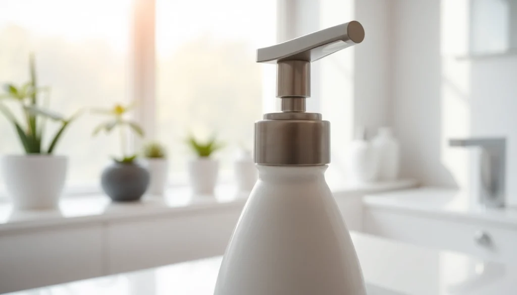 Showcase of a stylish bottle pump head on a bathroom countertop, emphasizing its sleek design.