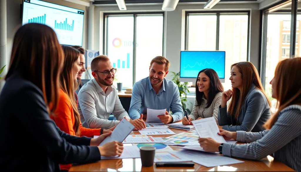 Marketing Agency team brainstorming with vibrant materials in a modern office setting.