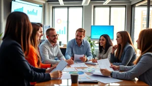 Marketing Agency team brainstorming with vibrant materials in a modern office setting.