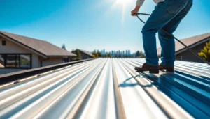 Installing metal roofing vancouver on a modern home with clear skies and skyline backdrop.