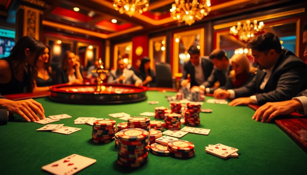 Experience thrilling high-stakes gaming at Okwin's luxurious poker table in an elegant casino setting.