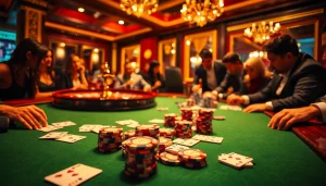 Experience thrilling high-stakes gaming at Okwin's luxurious poker table in an elegant casino setting.