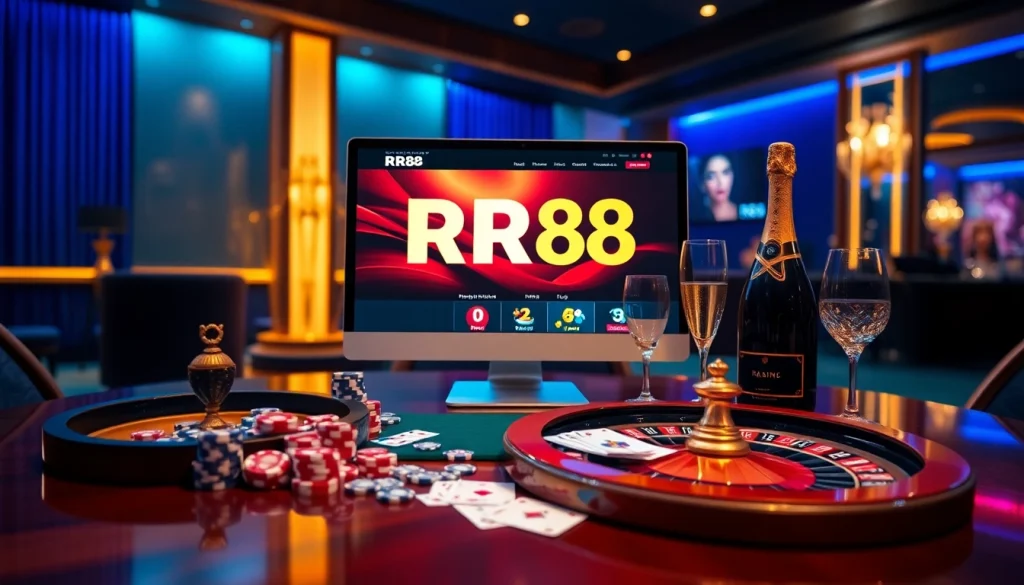 RR88 online casino scene with poker chips, roulette wheel, and sleek gaming interface.