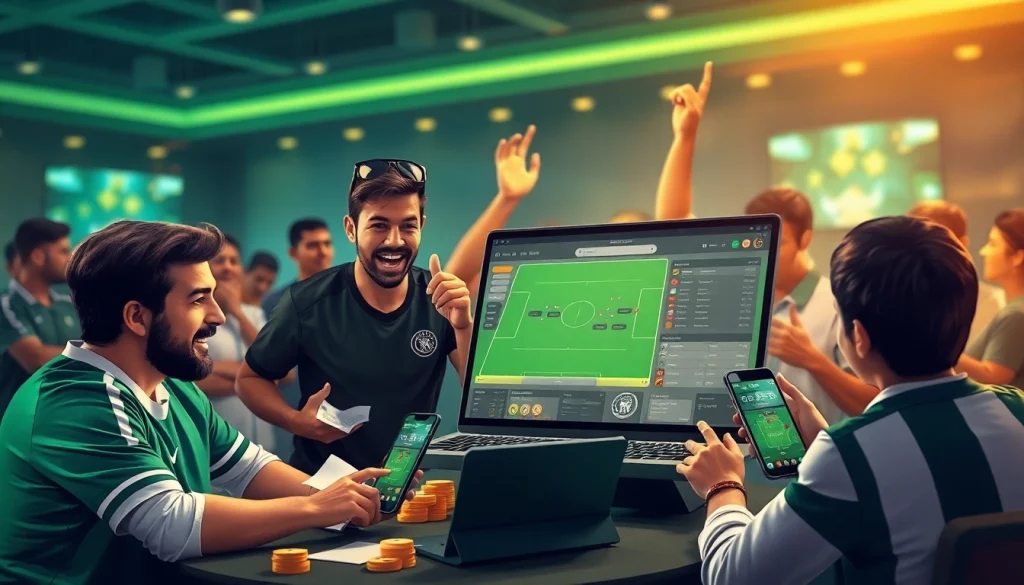 Excited gamblers placing bets through สมัครแทงบอล on a sleek online interface.