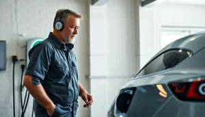 EV charger installer expertly connecting a Level 2 charger in a garage.