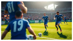 นักกีฬาแข่งขันบอลวันนี่ในสนามฟุตบอลที่มีความเข้มข้นและแฟน ๆ เชียร์อย่างเต็มที่