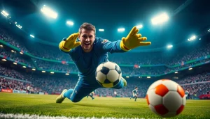 Goalkeeper making a stunning save in a thrilling football match, highlighting บอลวันนี่ excitement.