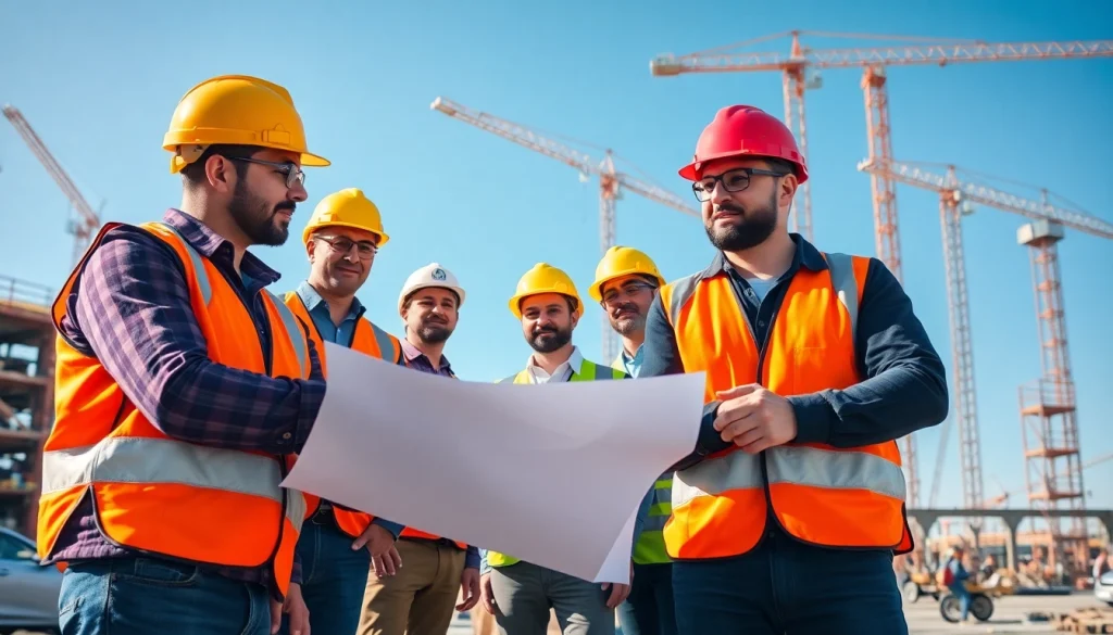 Workers demonstrating construction site safety measures on a busy worksite.