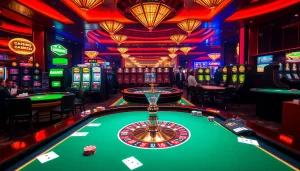 Exciting casino scene with GG88 gaming table surrounded by vibrant poker chips and roulette wheel.
