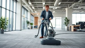 Performing commercial carpet cleaning with advanced tools in a bright office environment.