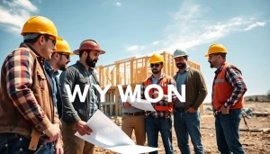 Construction association Wyoming members collaborating on-site for community development.