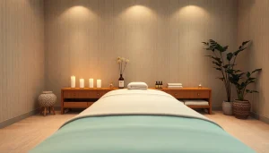 Relaxing 출장안마 setting with a massage table, candles, and essential oils for soothing therapy.