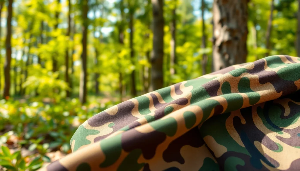 Camouflage stoffen met gedetailleerde prints in buitenomgeving, perfect voor militaire toepassingen.