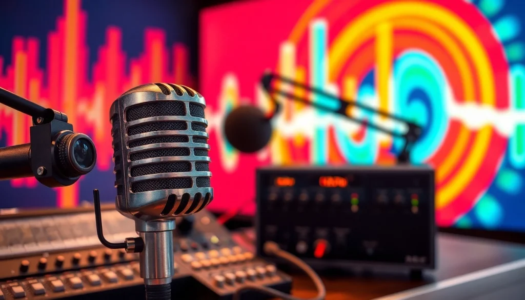 Engaging visuals showcasing WRNJ Radio's vibrant studio environment with audio equipment and soundwave graphics.