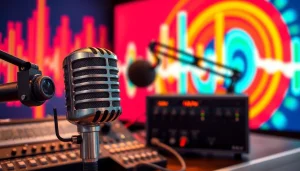 Engaging visuals showcasing WRNJ Radio's vibrant studio environment with audio equipment and soundwave graphics.