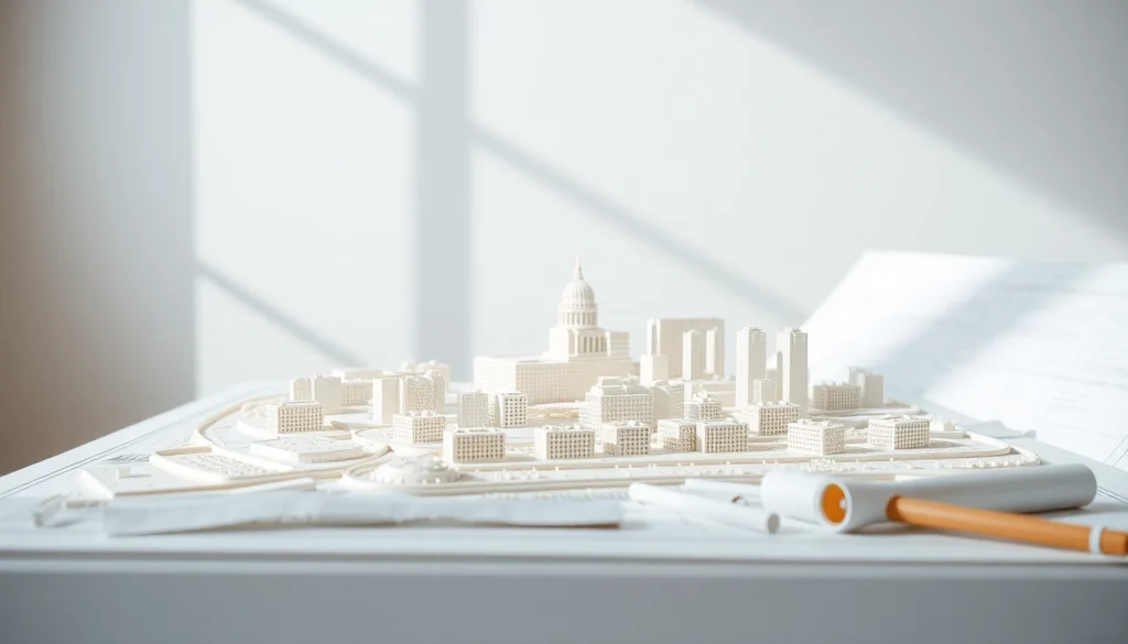 Architekturmodellbau Mannheim - Detailliertes Stadtmodell in einem hellen Studio.