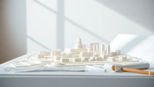 Architekturmodellbau Mannheim - Detailliertes Stadtmodell in einem hellen Studio.