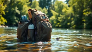 Discover the waterproof features of a Fly fishing backpack in a scenic river environment.