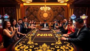 Players engage at the NK88 gaming table in a vibrant casino setting, surrounded by lights and excitement.