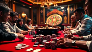 Gambers strategizing at a luxurious casino table while experiencing the excitement of online betting at https://nova8886.com/.