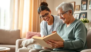 Providing in home care austin tx with supportive caregiver in a warm living room environment.