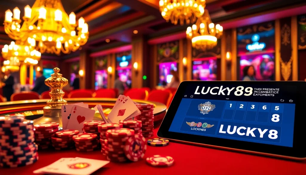 Người chơi thưởng thức sự phấn khích của LUCK8 và LUCKY8 trong một khu casino sang trọng với các trò chơi sôi động.