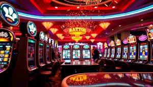 Para pemain yang antusias menikmati sensasi sesi permainan slot pulsa di lingkungan kasino mewah.